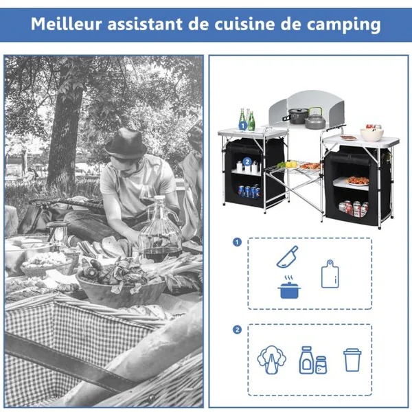 Cuisine de Camping avec Etagère de Rangement Cuisine d’Extérieur Idéal pour Soirée Pique-nique Festival