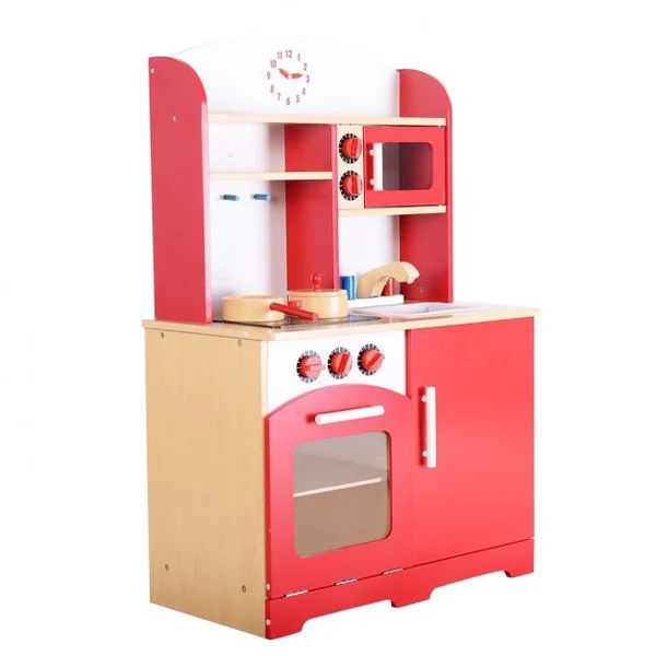 Cuisine de jeu en bois pour enfants Jeu de cuisine avec accessoires évier four micro-ondes tiroirs, 61x33x93cm, Rouge