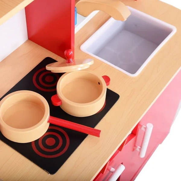 Cuisine de jeu en bois pour enfants Jeu de cuisine avec accessoires évier four micro-ondes tiroirs, 61x33x93cm, Rouge