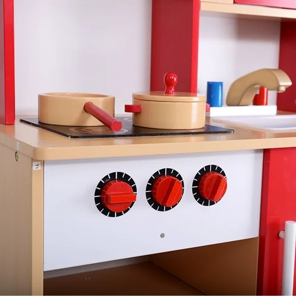 Cuisine de jeu en bois pour enfants Jeu de cuisine avec accessoires évier four micro-ondes tiroirs, 61x33x93cm, Rouge