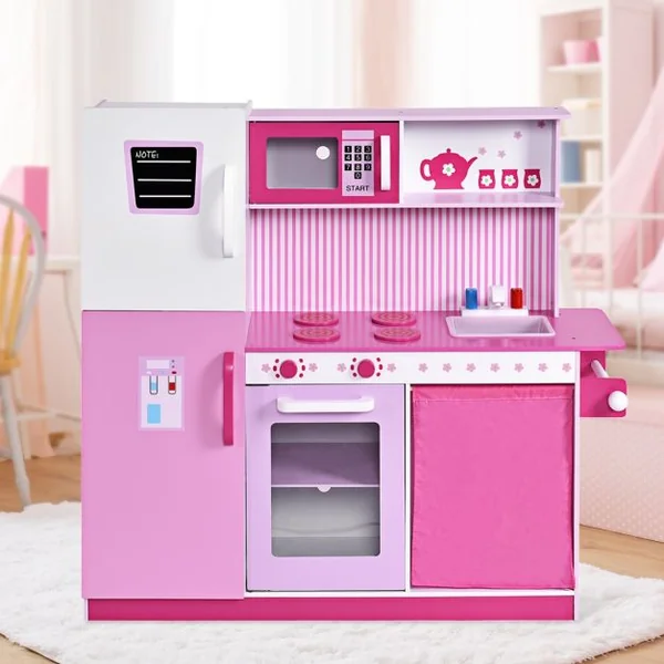 Cuisine de Jeu pour Enfants avec Accessoires Jeu de Cuisine avec Évier Robinet Micro-ondes, en MDF 98x31x102cm, Rose