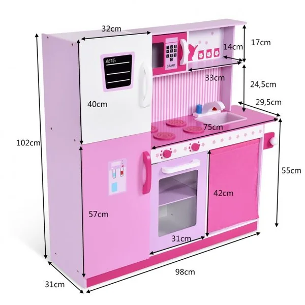 Cuisine de Jeu pour Enfants avec Accessoires Jeu de Cuisine avec Évier Robinet Micro-ondes, en MDF 98x31x102cm, Rose