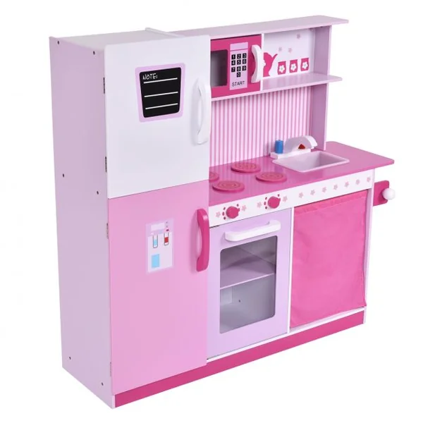 Cuisine de Jeu pour Enfants avec Accessoires Jeu de Cuisine avec Évier Robinet Micro-ondes, en MDF 98x31x102cm, Rose