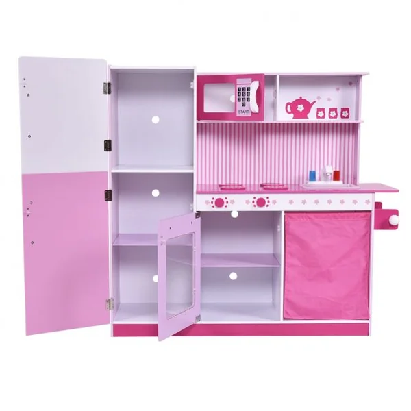 Cuisine de Jeu pour Enfants avec Accessoires Jeu de Cuisine avec Évier Robinet Micro-ondes, en MDF 98x31x102cm, Rose