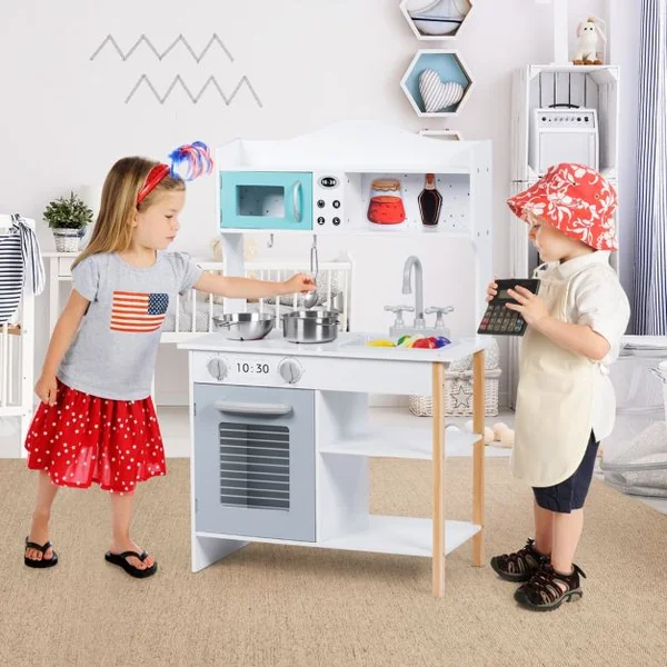 Cuisine Enfant en Bois avec Ustensiles Accessoires Complets Jeu d'Imitation avec Sons Réels pour enfant de 3 à 7 Ans
