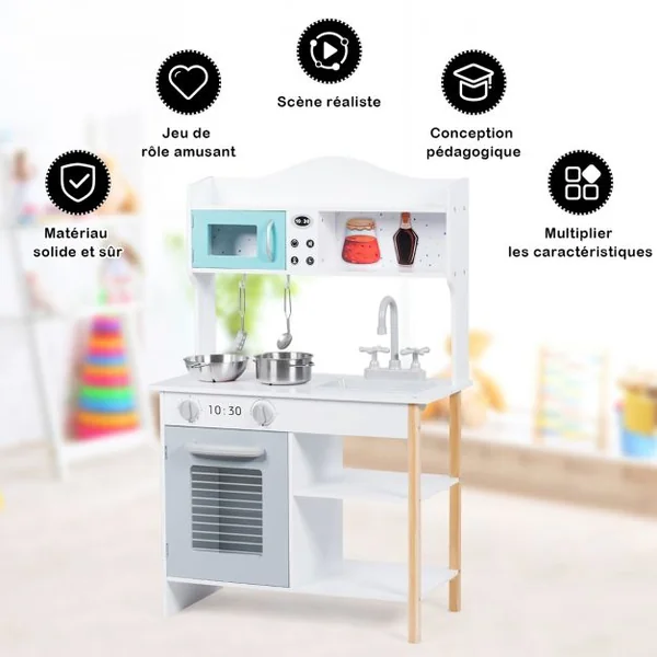 Cuisine Enfant en Bois avec Ustensiles Accessoires Complets Jeu d'Imitation avec Sons Réels pour enfant de 3 à 7 Ans