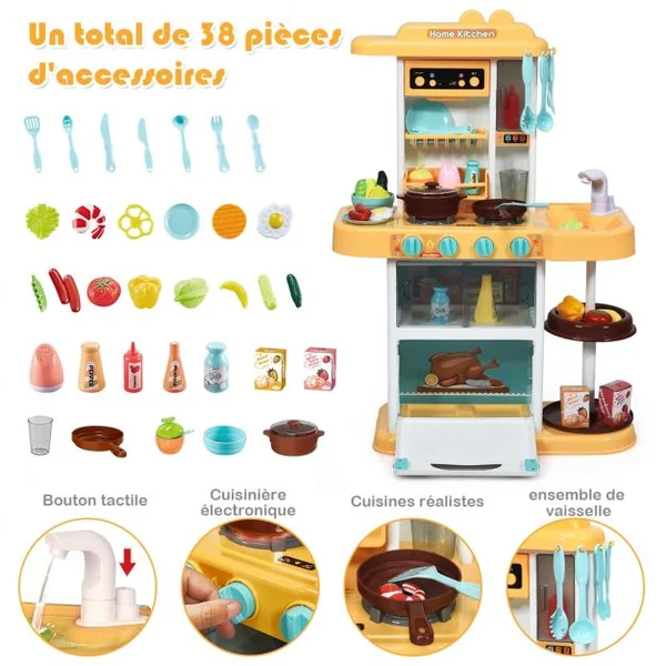 Cuisine pour Enfant avec 38 Accessoires de Jouets Lumières Boîte à Musique Jaune