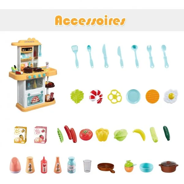 Cuisine pour Enfant avec 38 Accessoires de Jouets Lumières Boîte à Musique Jaune