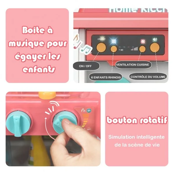 Cuisine pour Enfant avec 38 Accessoires de Jouets Lumières Boîte à Musique Rose