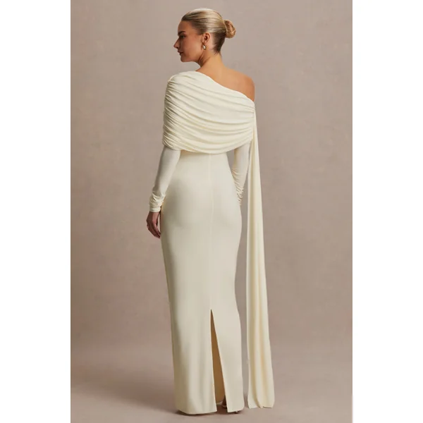 Cyra | Robe longue de maternité crème à encolure asymétrique avec écharpe
