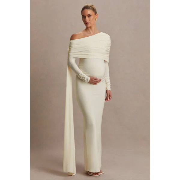 Cyra | Robe longue de maternité crème à encolure asymétrique avec écharpe