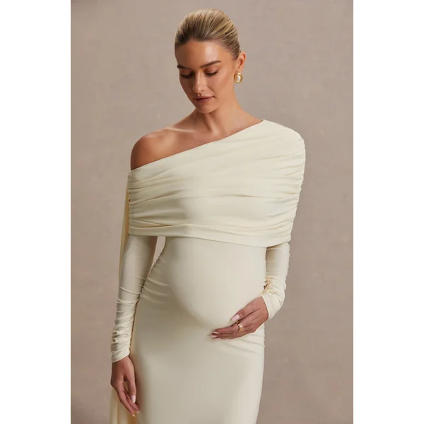 Cyra | Robe longue de maternité crème à encolure asymétrique avec écharpe