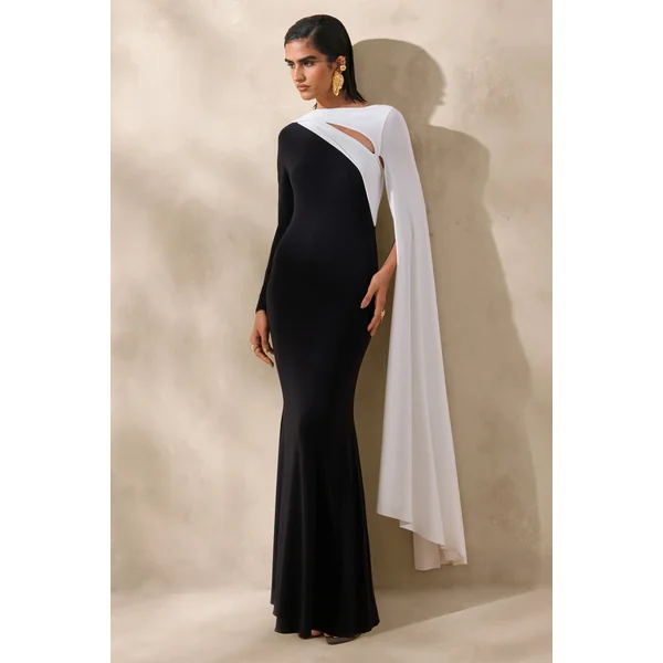 Dabria | Robe longue noire et blanche à encolure asymétrique avec manche cape