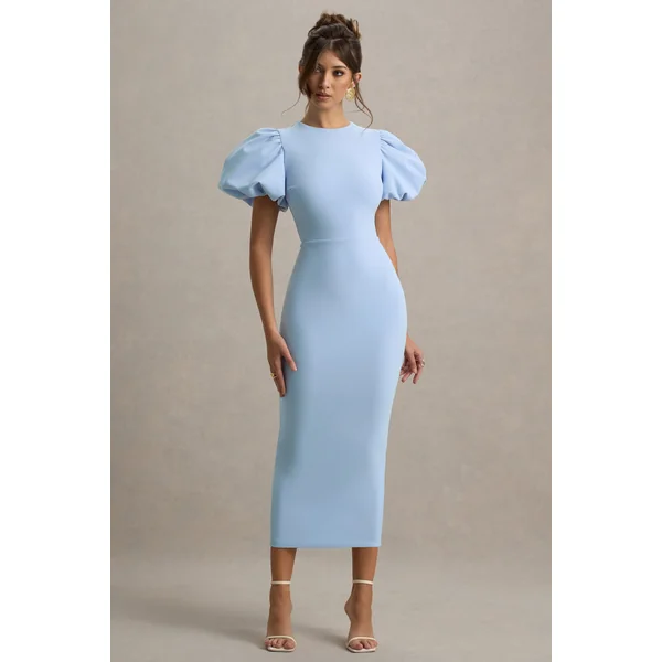 Dakota | Robe Mi-Longue Bleu Poudré à Manches Bouffantes