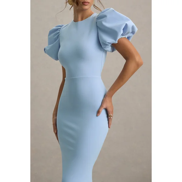 Dakota | Robe Mi-Longue Bleu Poudré à Manches Bouffantes