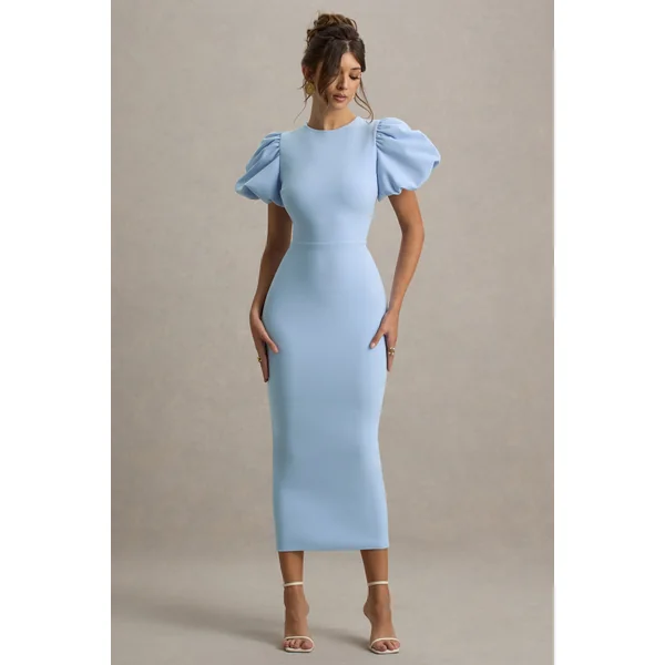 Dakota | Robe Mi-Longue Bleu Poudré à Manches Bouffantes