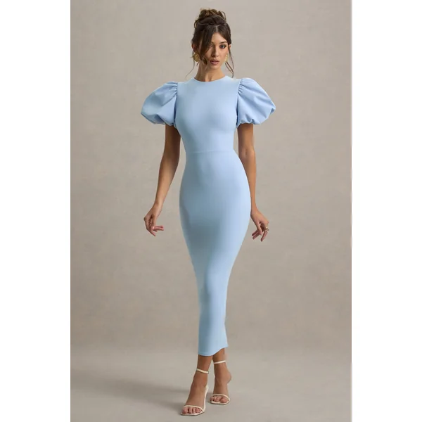 Dakota | Robe Mi-Longue Bleu Poudré à Manches Bouffantes