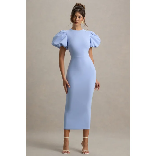 Dakota | Robe Mi-Longue Bleu Poudré à Manches Bouffantes