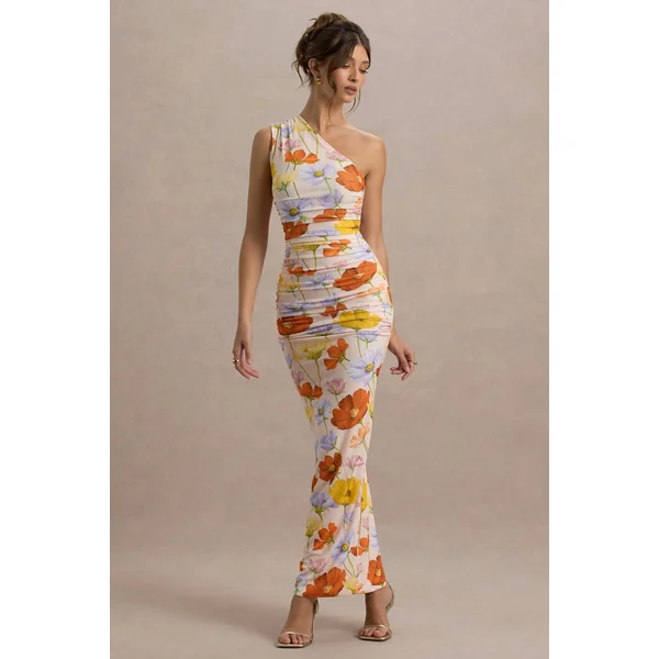 Dalarie | Robe longue asymétrique froncée à imprimé fleuri éclatant