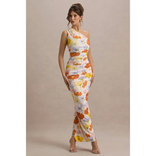 Dalarie | Robe longue asymétrique froncée à imprimé fleuri éclatant