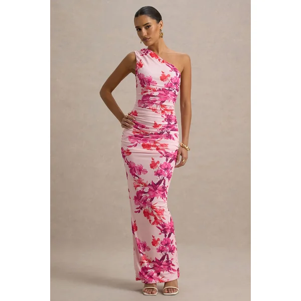 Dalarie | Robe Longue Asymétrique Froncée à Imprimé Floral Rose et Orange