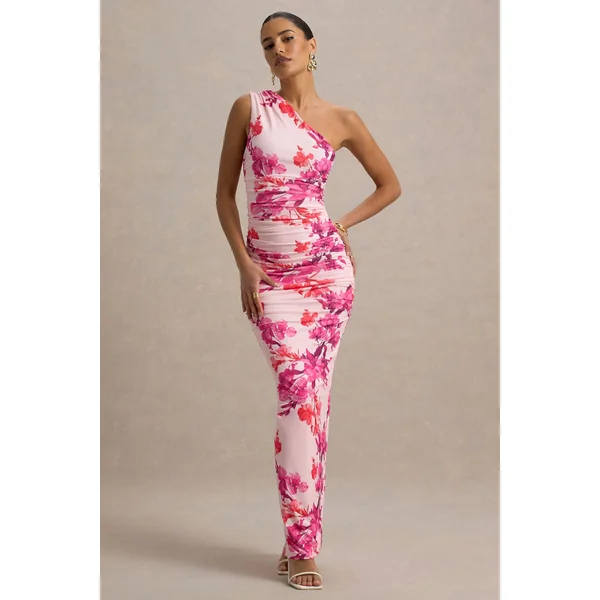Dalarie | Robe Longue Asymétrique Froncée à Imprimé Floral Rose et Orange