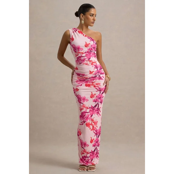 Dalarie | Robe Longue Asymétrique Froncée à Imprimé Floral Rose et Orange