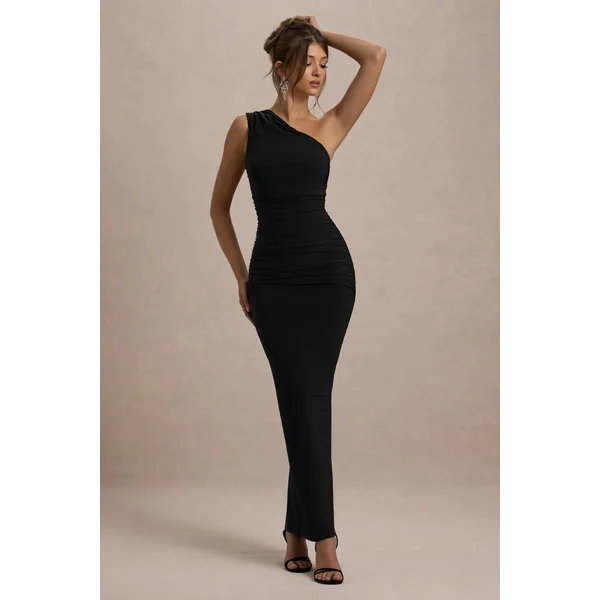 Dalarie | Robe longue noire asymétrique à fronces
