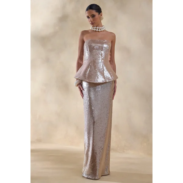 Dalisse | Robe longue nude bandeau à corsage corseté en sequins