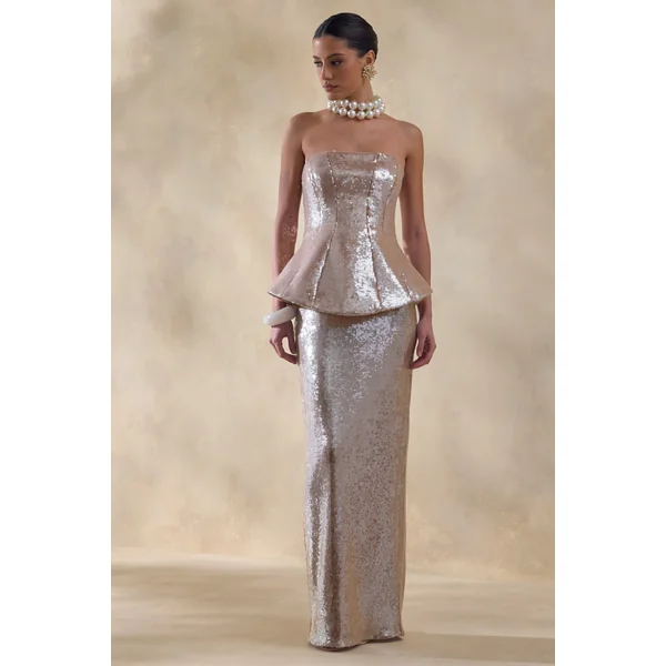 Dalisse | Robe longue nude bandeau à corsage corseté en sequins