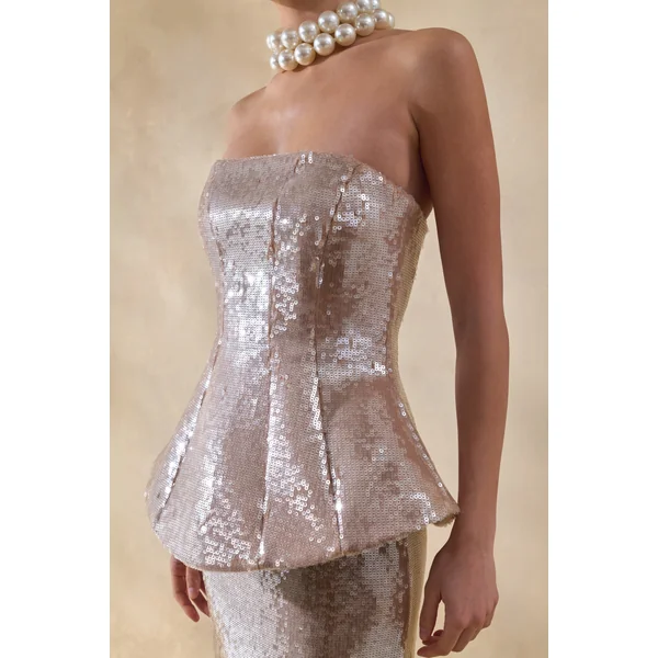 Dalisse | Robe longue nude bandeau à corsage corseté en sequins
