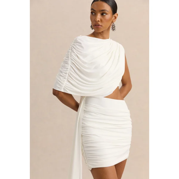 Danellia | Mini-robe blanche à encolure ronde avec détail découpé et drapé