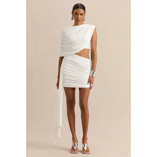 Danellia | Mini-robe blanche à encolure ronde avec détail découpé et drapé