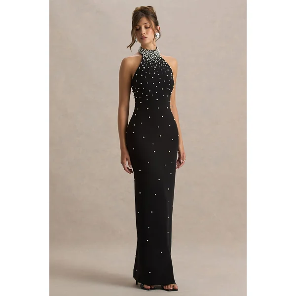 Dani | Robe longue noire à encolure nouée et ornements perlés