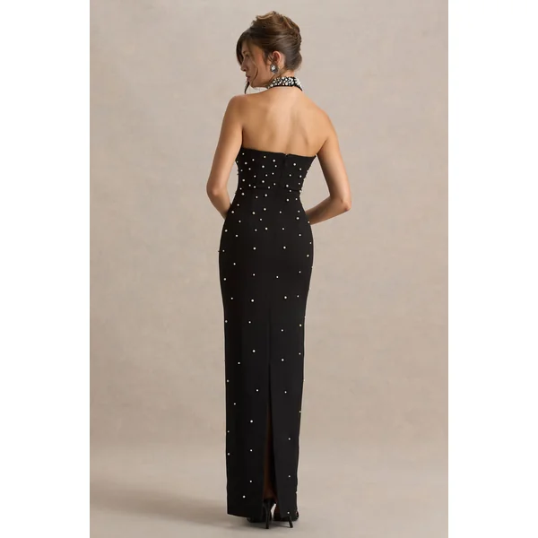 Dani | Robe longue noire à encolure nouée et ornements perlés