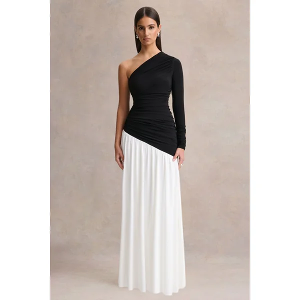 Danila | Robe longue noire et blanche à encolure asymétrique avec taille basse