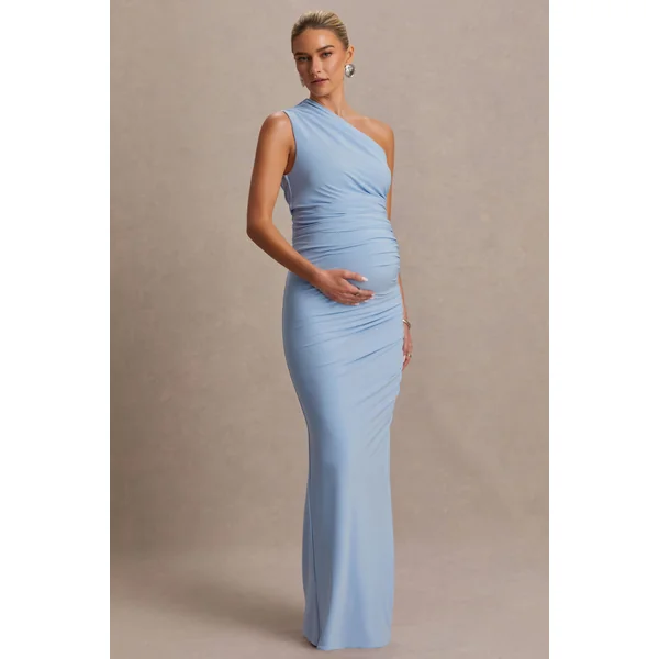 Darcie | Robe longue de maternité bleu poudré à encolure asymétrique