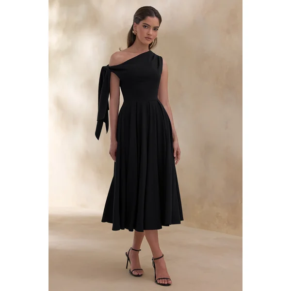 Daring | Robe mi-longue noire à encolure asymétrique avec détail noué