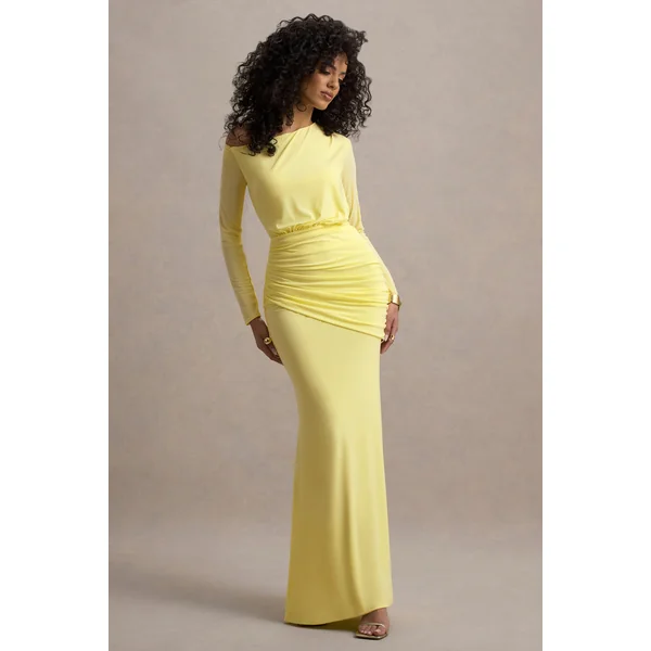Deanna | Robe longue jaune citron asymétrique à manches longues et fronces