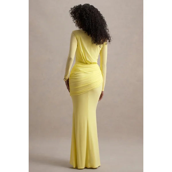 Deanna | Robe longue jaune citron asymétrique à manches longues et fronces