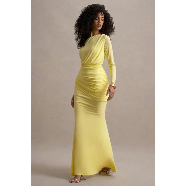 Deanna | Robe longue jaune citron asymétrique à manches longues et fronces