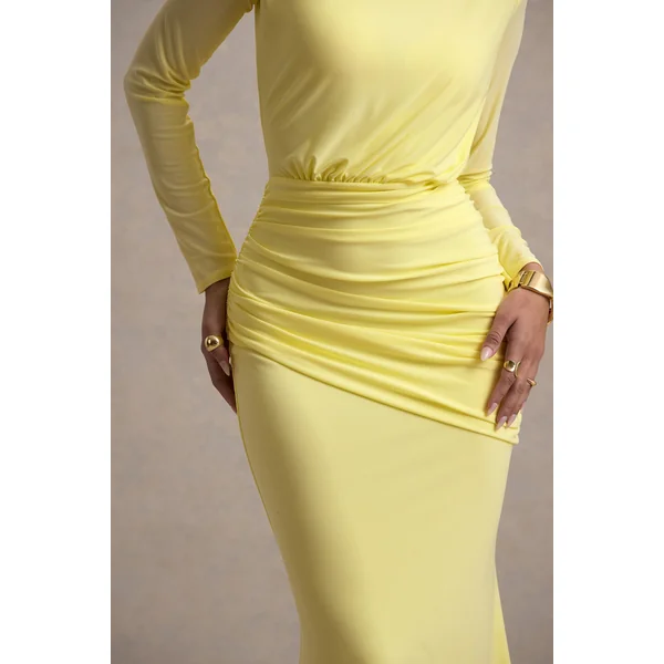 Deanna | Robe longue jaune citron asymétrique à manches longues et fronces