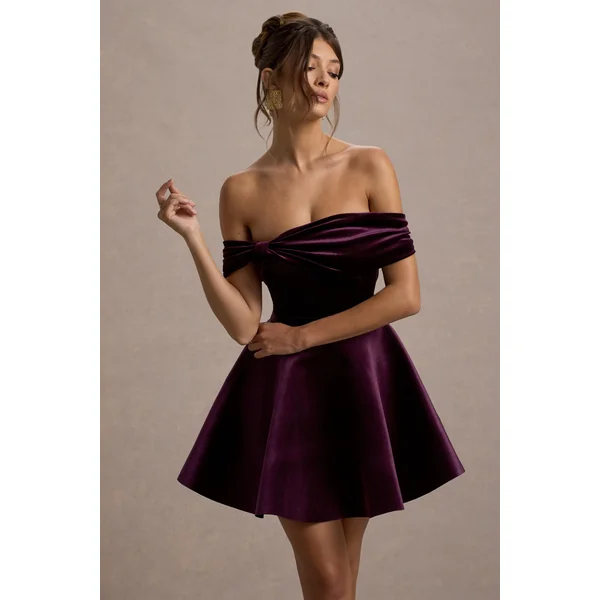 Dede | Mini-Robe Patineuse Bardot en Velours Violet avec Nœud