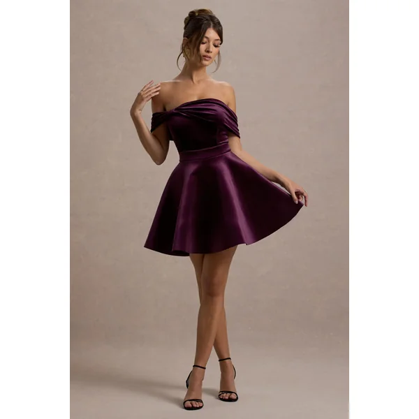 Dede | Mini-Robe Patineuse Bardot en Velours Violet avec Nœud