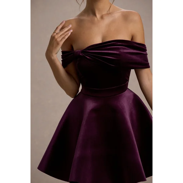 Dede | Mini-Robe Patineuse Bardot en Velours Violet avec Nœud