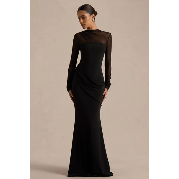 Deema | Robe longue noire en jersey et tulle à col montant