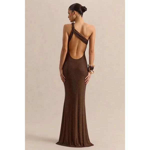Deity | Robe longue en strass marron à décolleté asymétrique avec dos ouvert