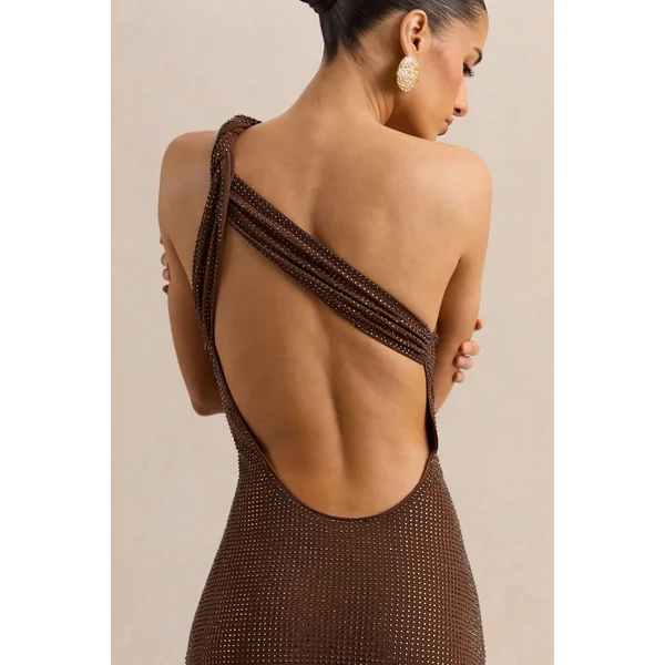 Deity | Robe longue en strass marron à décolleté asymétrique avec dos ouvert