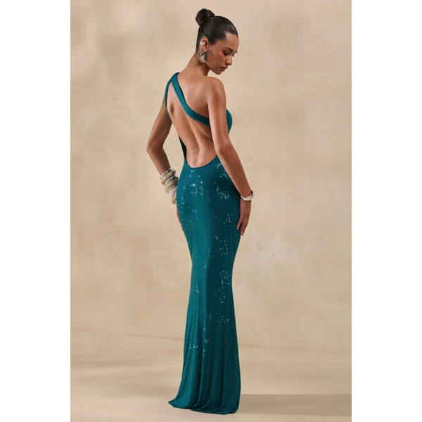 Deity | Robe longue en strass sarcelle à décolleté asymétrique avec dos ouvert