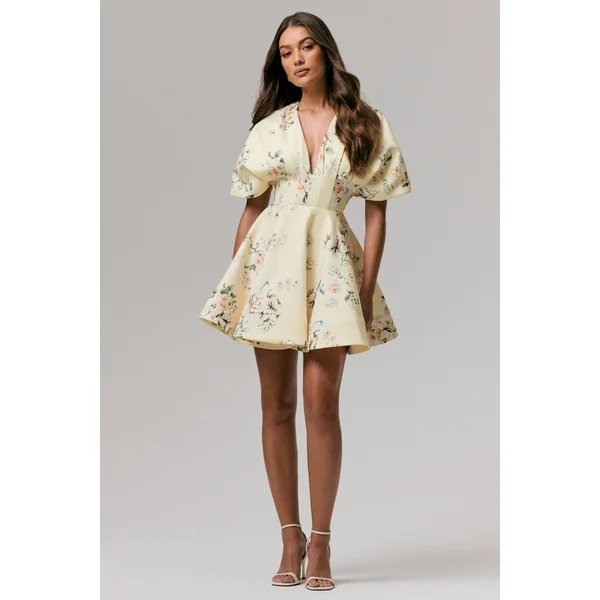 Delight | Mini-robe à décolleté plongeant et volants imprimé citron